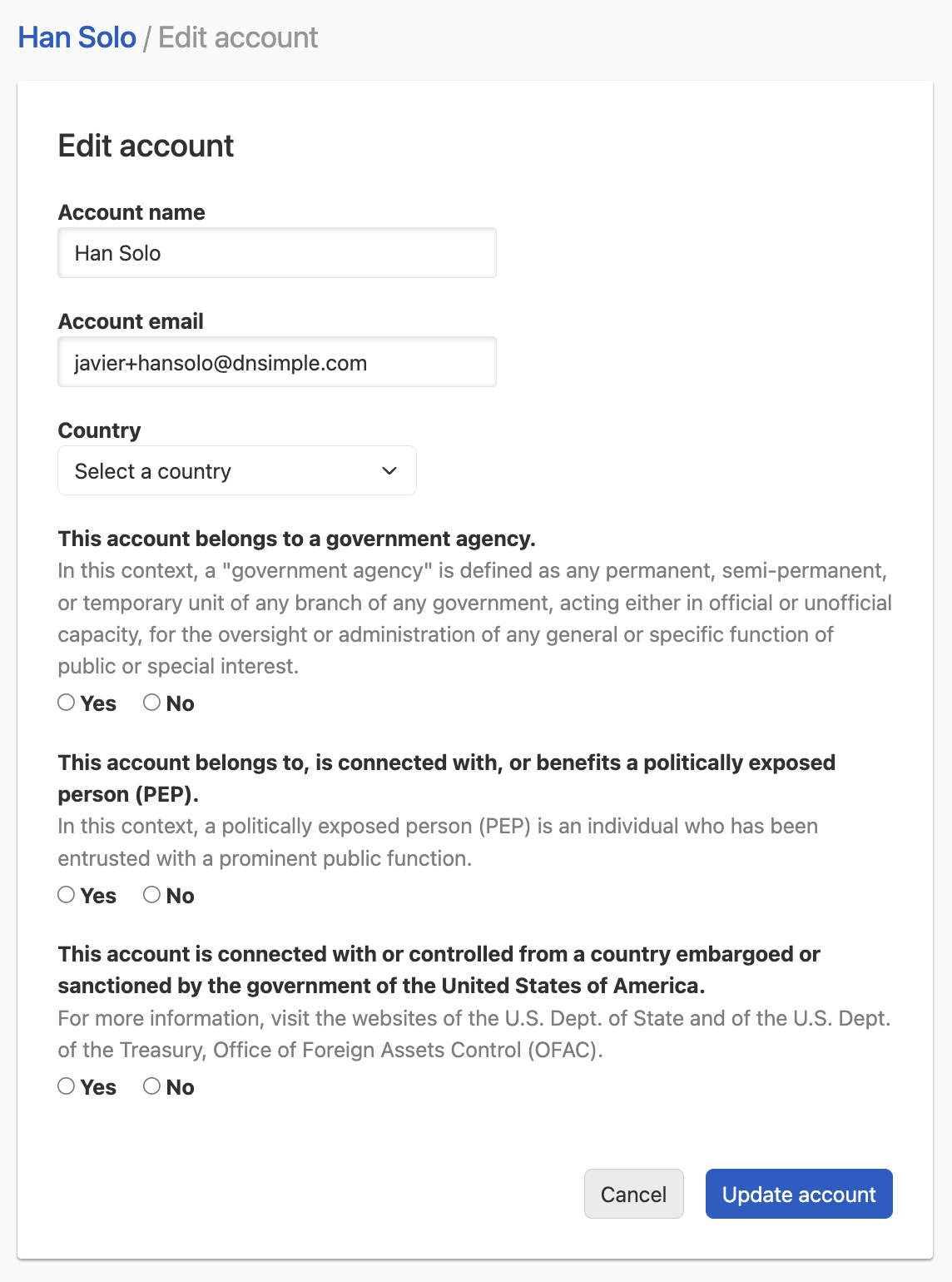 Account information form