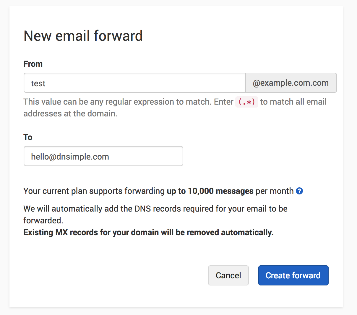 Email forwarding creation