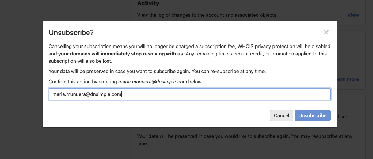 Account unsubscribe confirmation