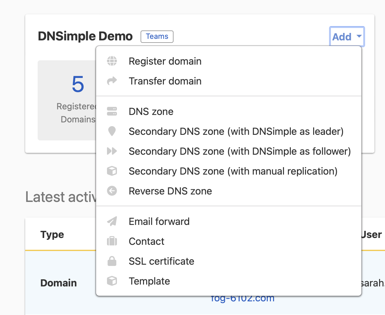 screenshot: Add zone to your domain from dashboard