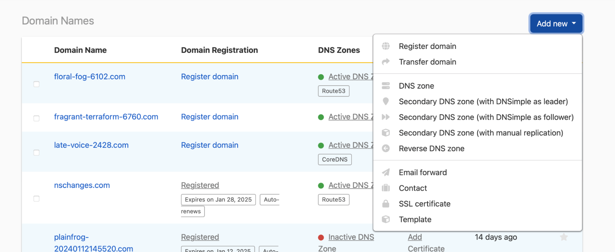 screenshot: Add zone from domains