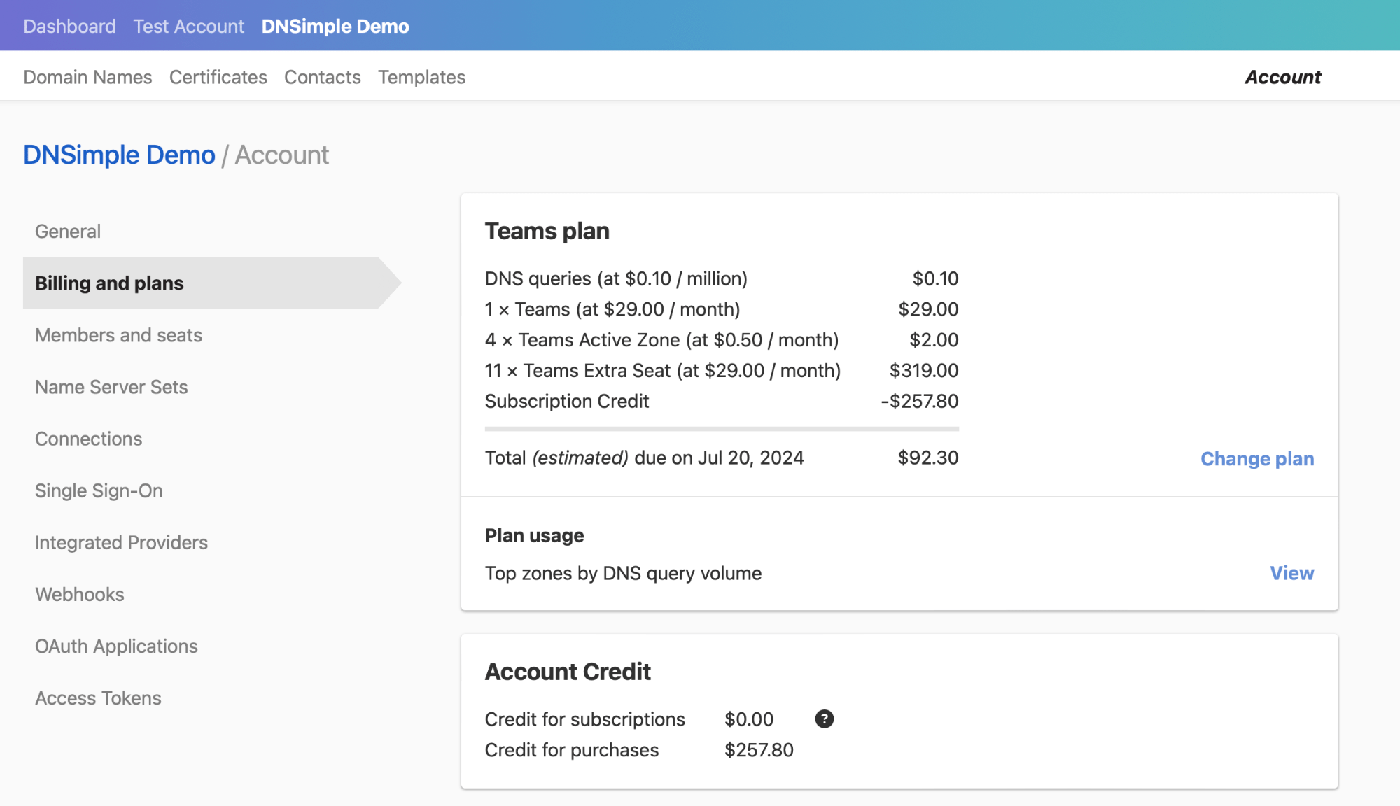 Screenshot of billing and plans settings