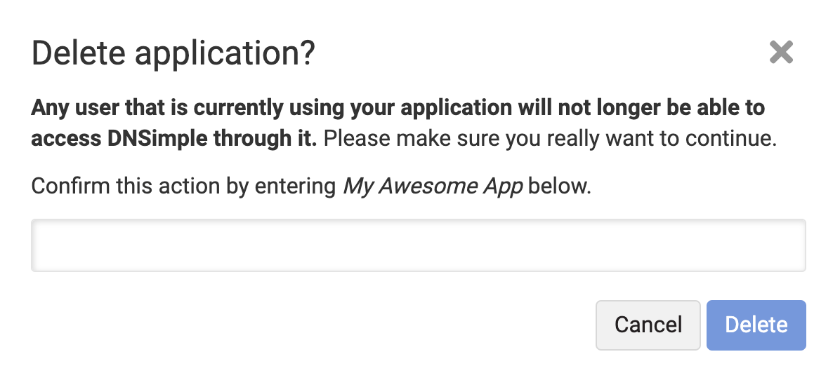 Delete Application confirmation