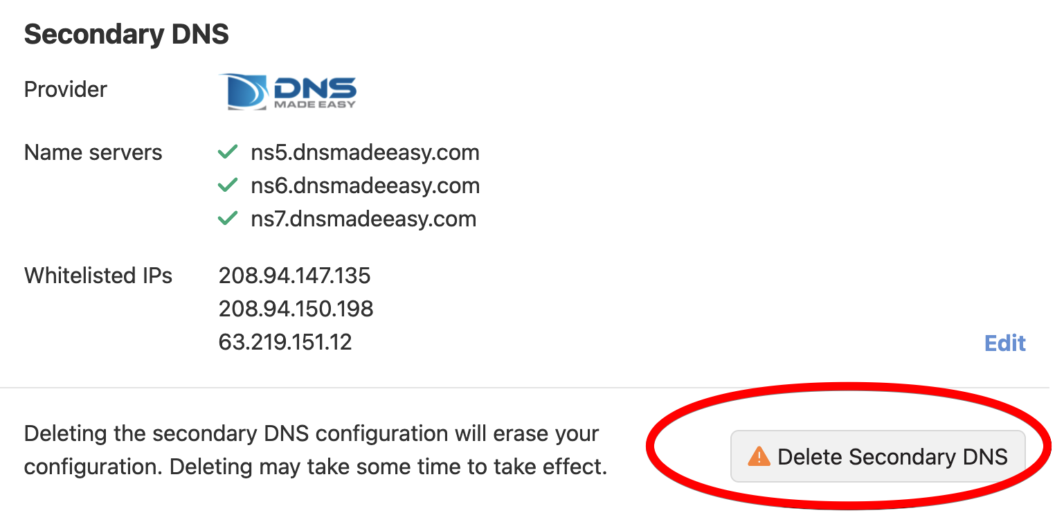 Delete Secondary DNS Configuration