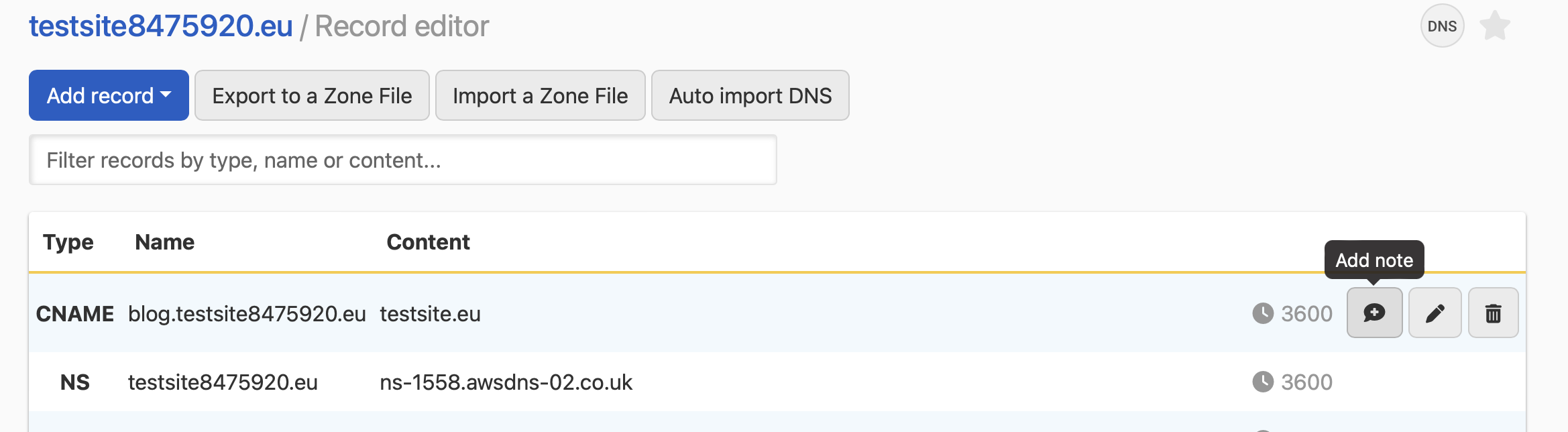 screenshot: showing how to add a dns record note