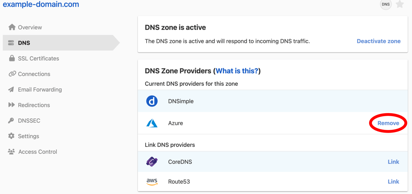 Deleting a Zone from the DNS Zone Providers card