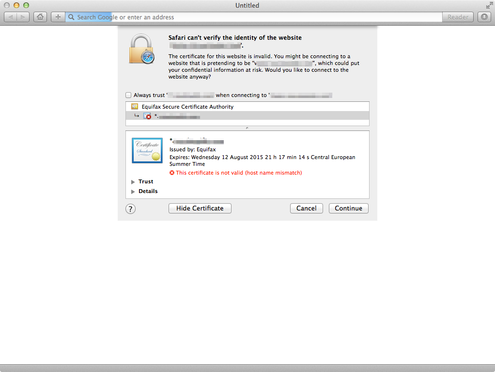 Example of host name mismatch error on Google Safari