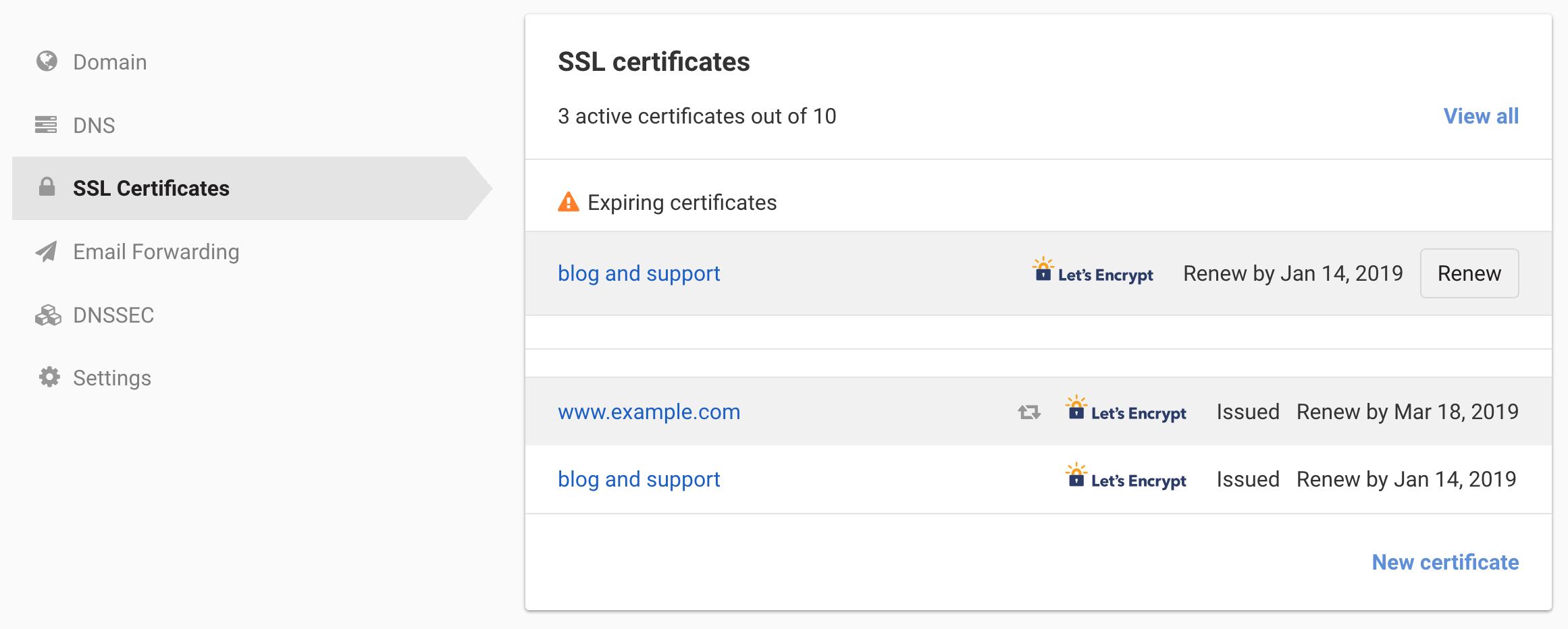 SSL certificate page link