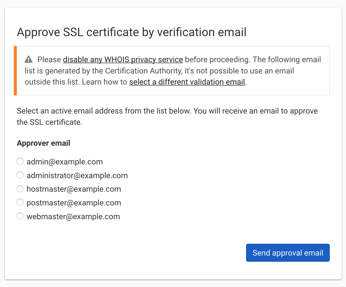 screenshot: Select email to receive SSL approval message