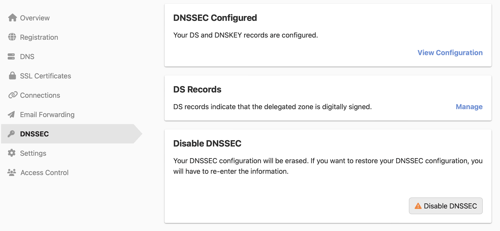 screenshot: dnssec configuration screen