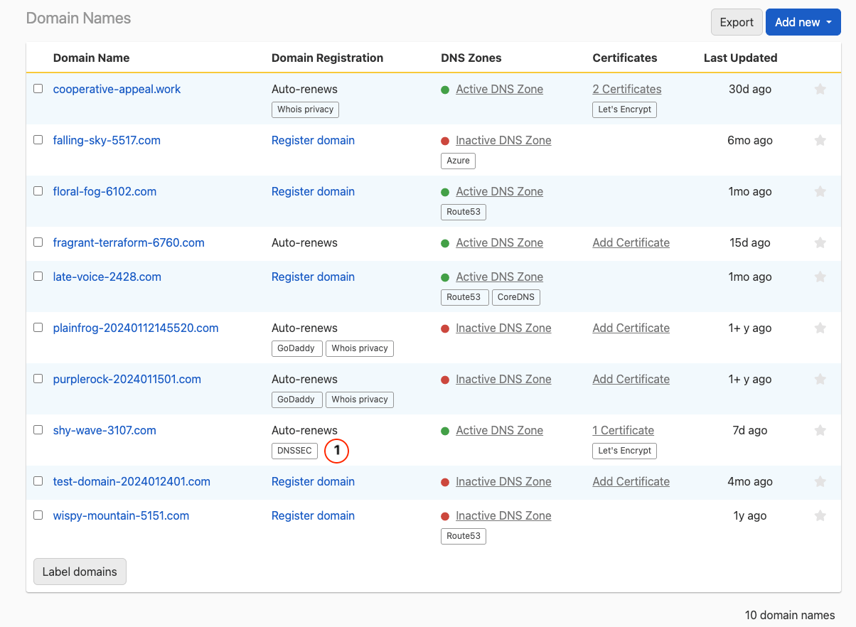 screenshot of configuring DNSSEC in domains list
