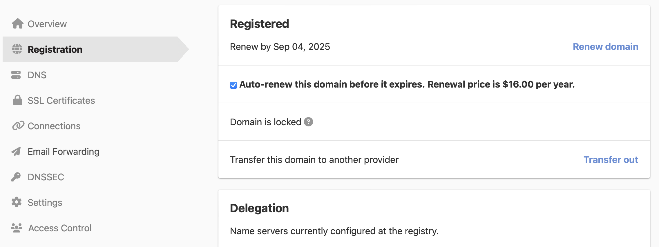 screenshot of option for autorenew of domain