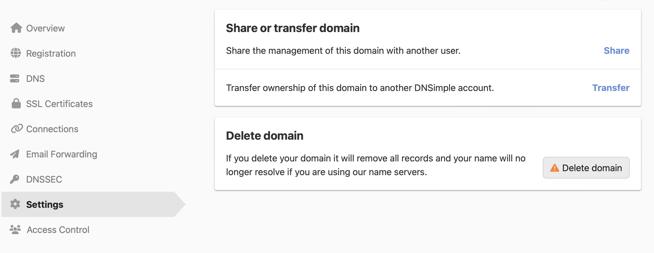 screenshot of deleting a domain