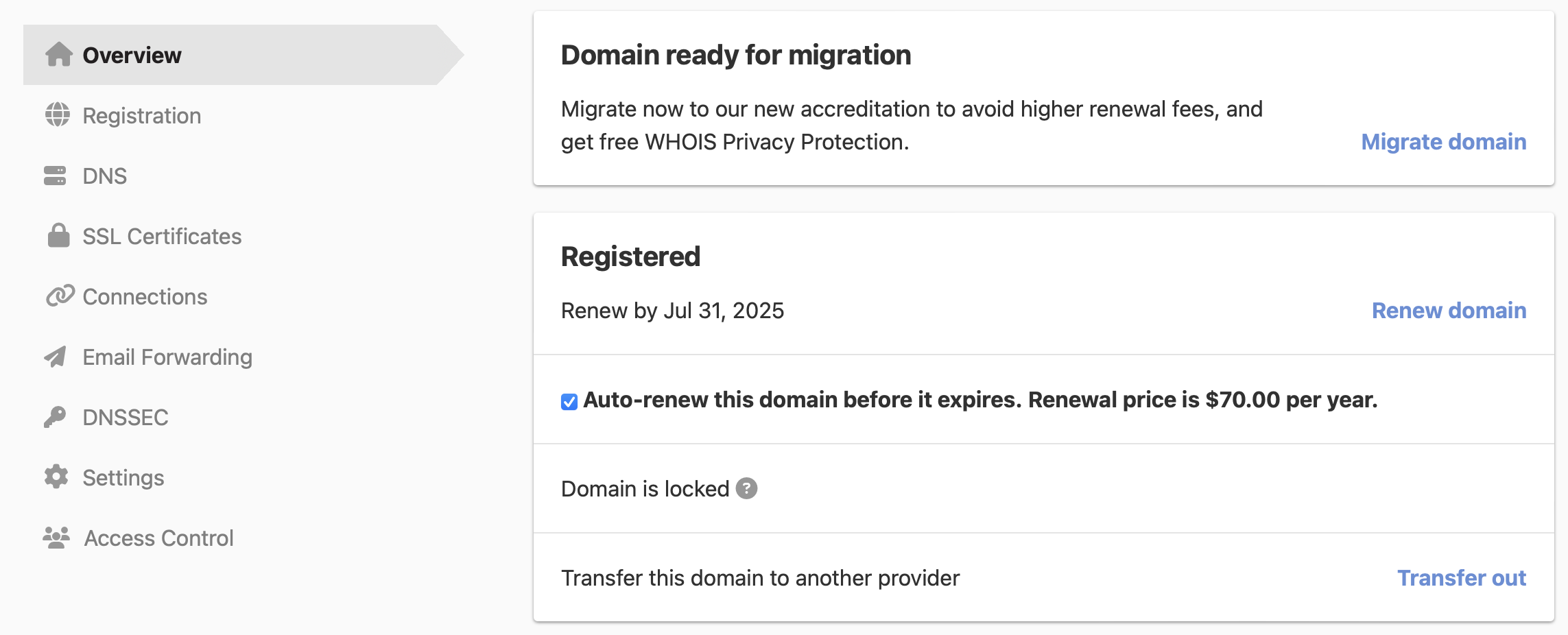 screenshot of renewing a domain