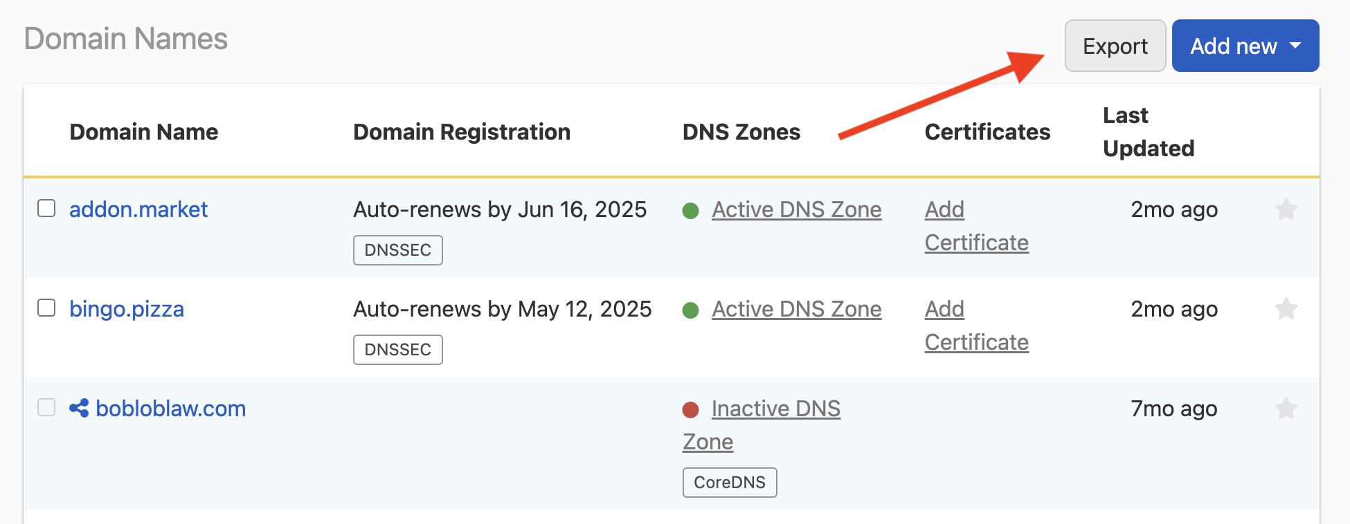 screenshot: how to export your domain names list as a .csv file