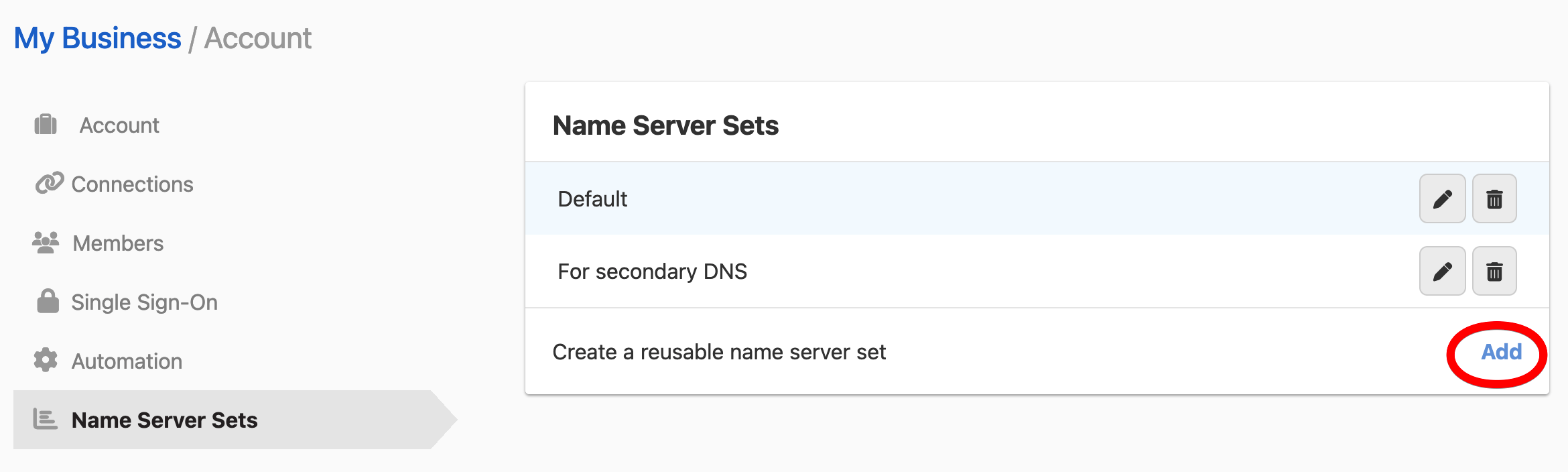 Adding a name server set