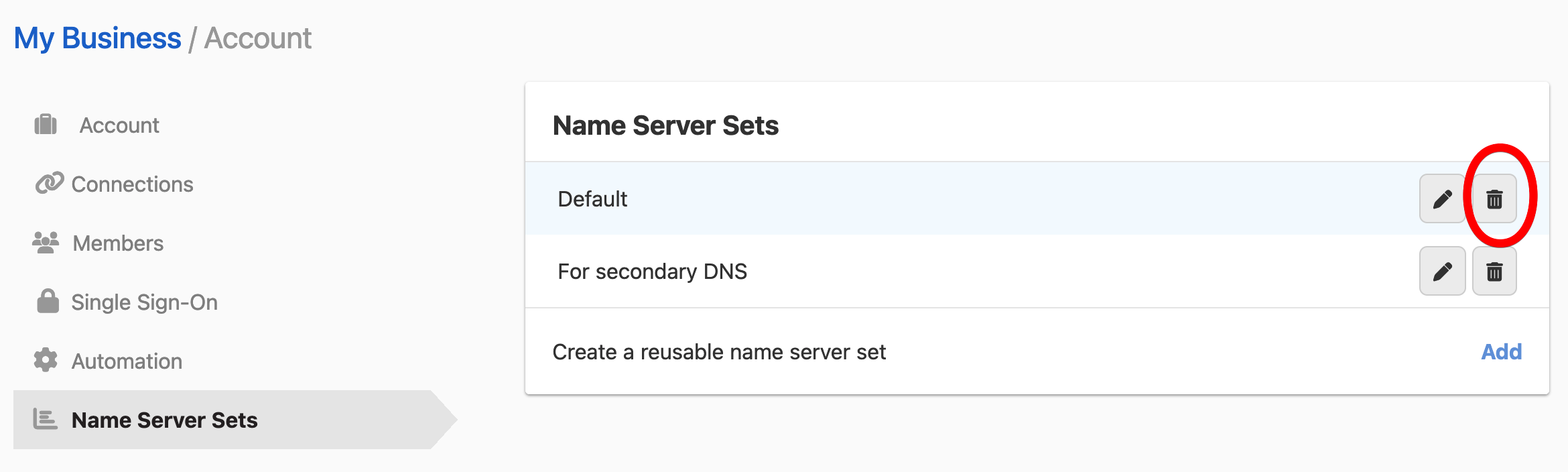 Deleting a name server set