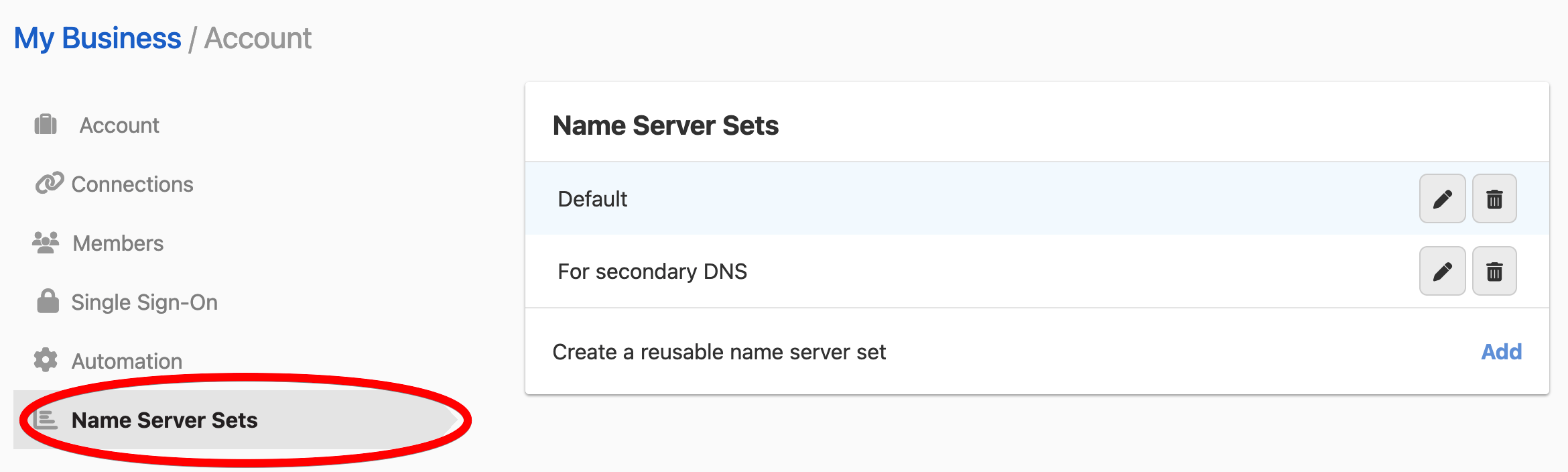 Name server sets on Account page