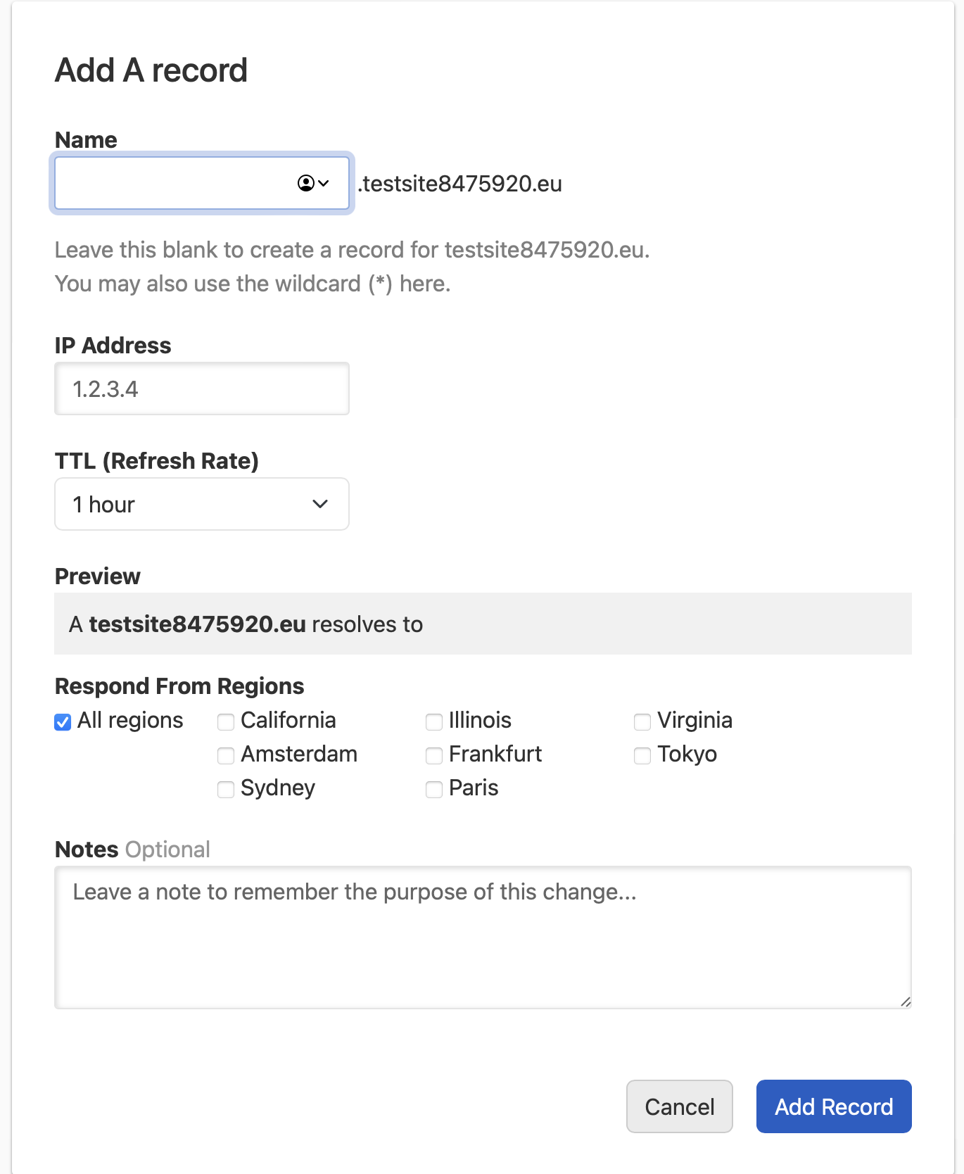 screenshot showing naming of the subdomain