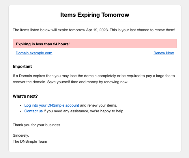 Product Expiring Tomorrow Notification - DNSimple Help