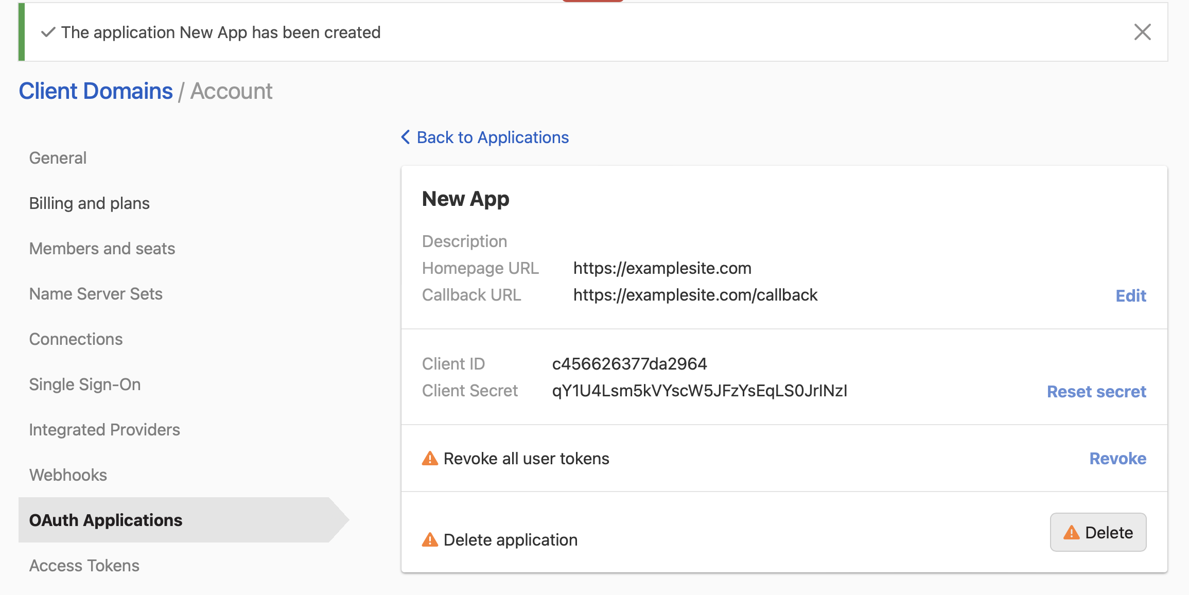 screenshot of successful creation of new oauth application