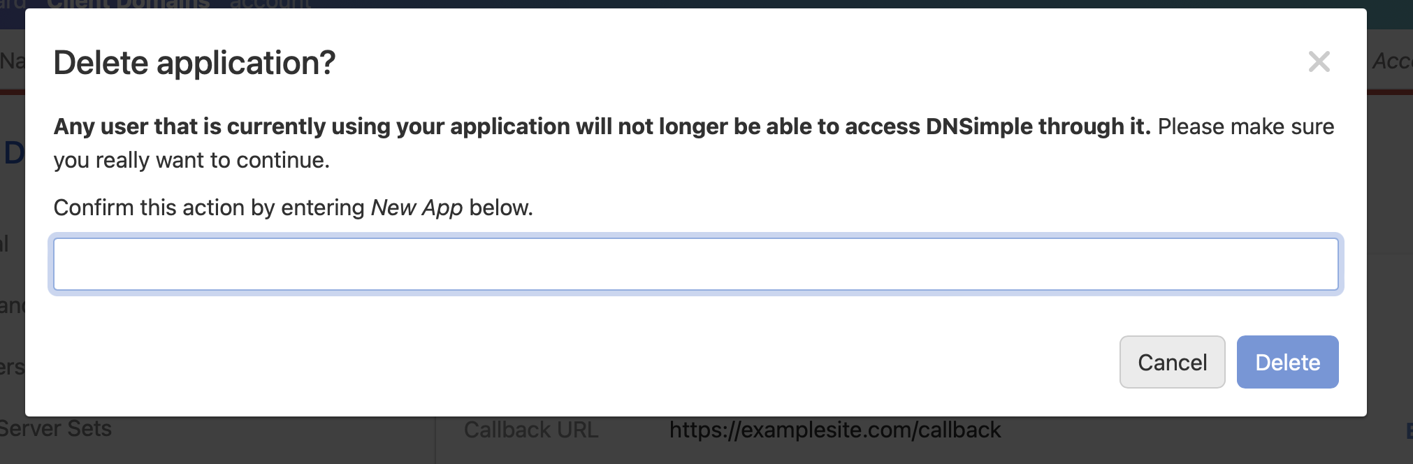 screenshot of confirming delete of oauth application