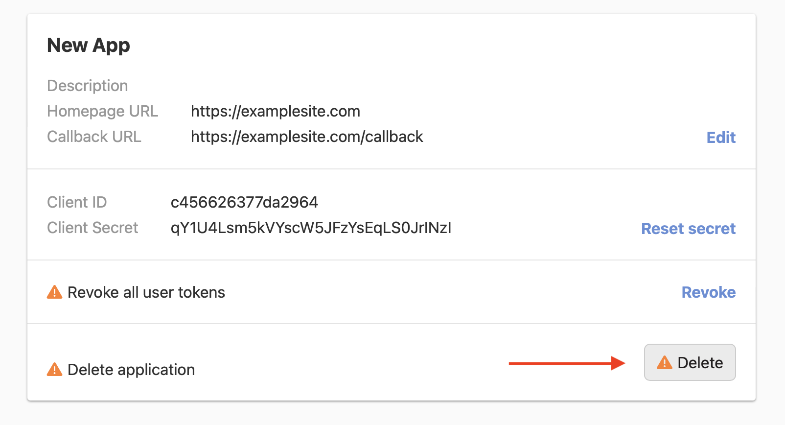 screenshot of deleting an oauth application
