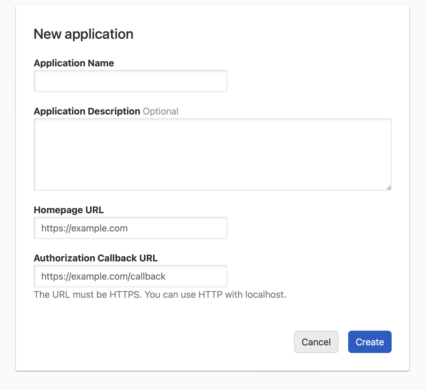 screenshot of creating a new oauth application