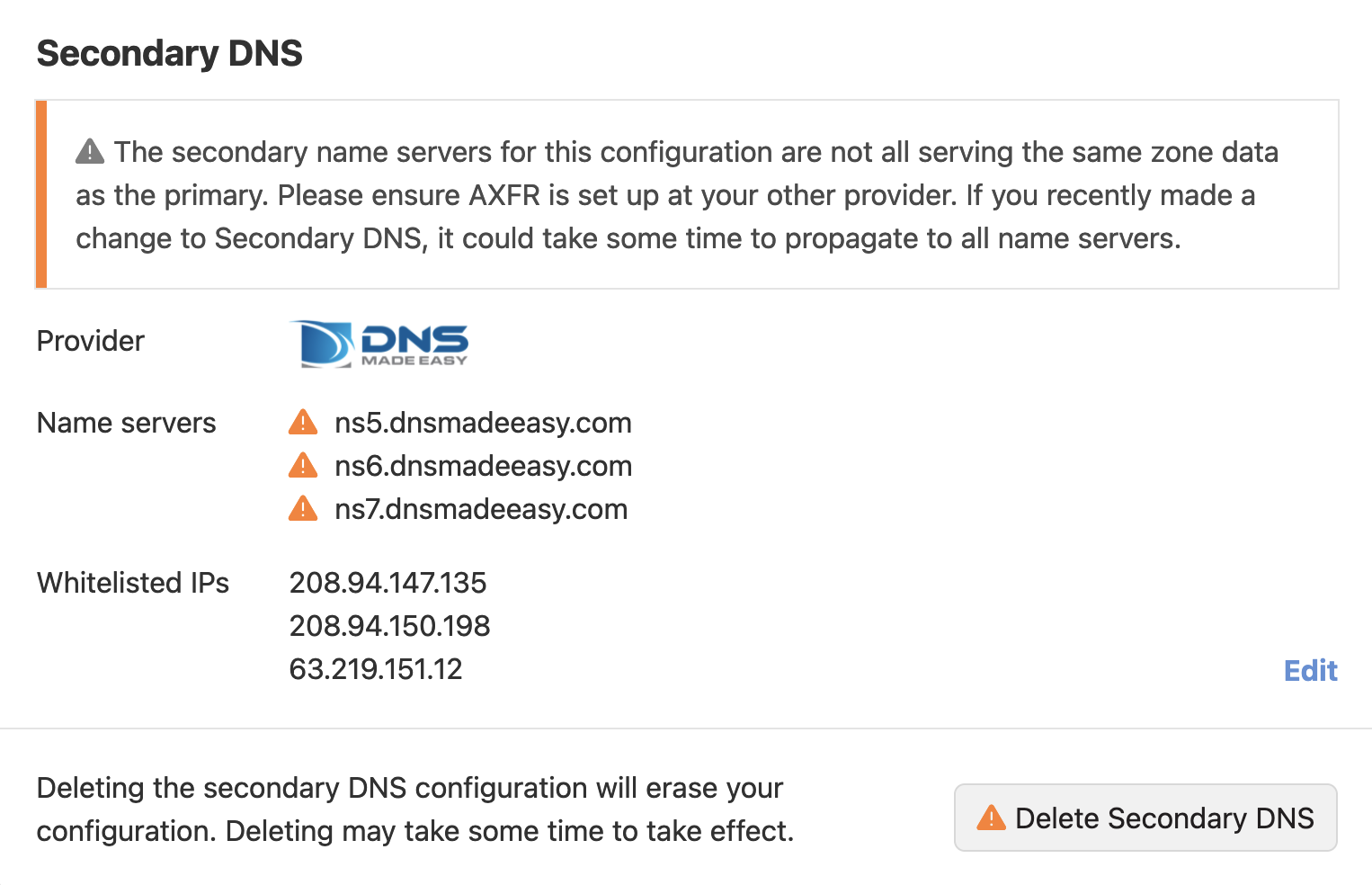 Secondary DNS warning