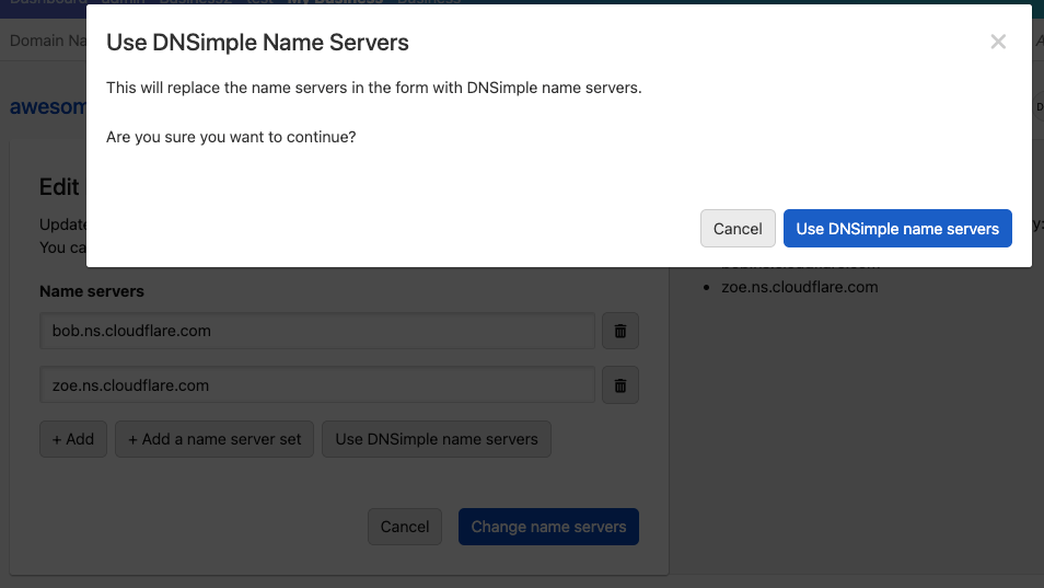 Use DNSimple name servers confirmation