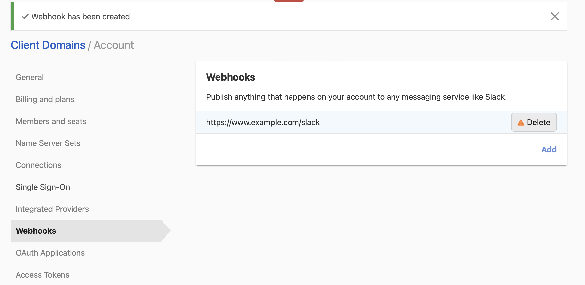 Screenshot of removing a webhook